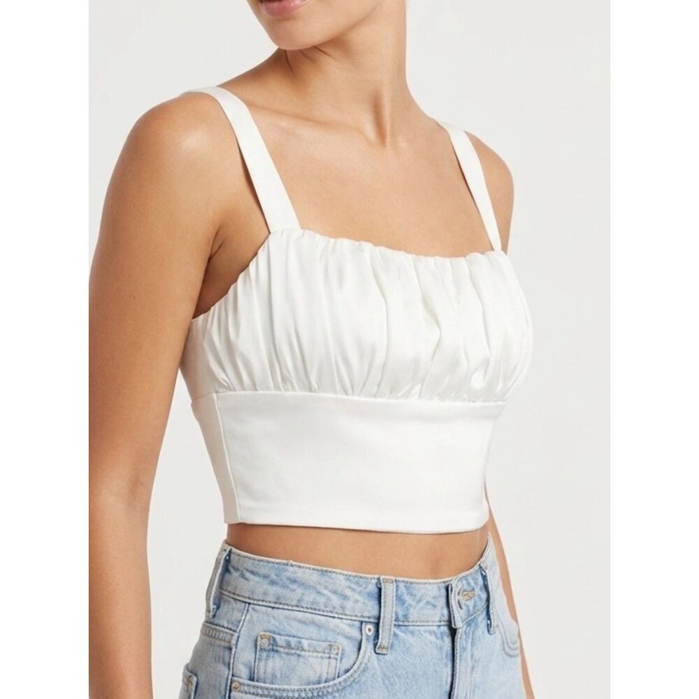 Draped‎ Ruched Labera White Satin Bustier Crop Top